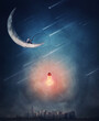 © psychoshadow - Surreal scene over the night city with a creative boy seated on the crescent moon using a fishing rod with a light bulb as a bait for catching new ideas. Magical adventure concept