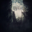 © psychoshadow - Conceptual scene with a man escaping from the steep chasm, stretching to reach the helping rope and get out of the darkness. Big cave inside the rocky mountain and person trying to break free