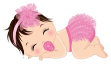 Cute Baby Girl Wearing Pink Ruffled Diaper Sleeping. Vector Baby Girl With Pacifier 