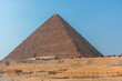 View of the pyramids in the Giza valley on a bright sunny day