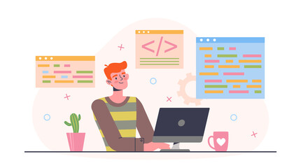 Developer at work concept. Man sits at his desk and works with code to create website or application. Coding and programming. Cartoon modern flat vector illustration isolated on white background