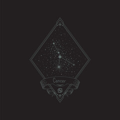 Wall Mural - Sketch tattoo cancer constellation with title in a retro frame. Vector linear isolated diamond-shaped astrological illustration with rhombus, star system, ribbon and zodiac sign for print