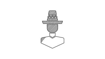 Poster - Black line Mexican man wearing sombrero icon isolated on white background. Hispanic man with a mustache. 4K Video motion graphic animation