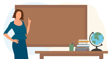 Beautiful teacher pointing finger near blackboard in classroom. Teachers day, education. Vector illustration.