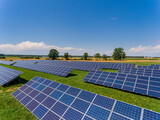 Fototapeta Desenie - Photovoltaic farm - renewable energy from sunlight - photovoltaic panels set on a green field. Renewable energy supplying medium-sized enterprises