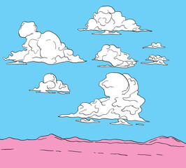 Hand drawn colorful clouds and landscape illustration set