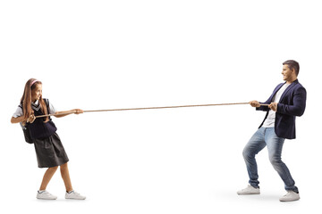 Poster - full length profile shot of a little girl and a man pulling a rope