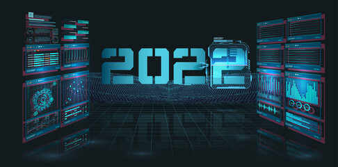 Aufkleber - Modern futuristic technology template for 2022. New year 2022 in style HUD,GUI, UX. Futuristic background for your design.Technology background. Digital data visualization. Hi-tech concept innovation