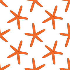 Wall Mural - Seamless pattern of orange starfish. a vector pattern in the sketch style. a realistic drawing of a starfish is randomly placed on a white background for a summer design template