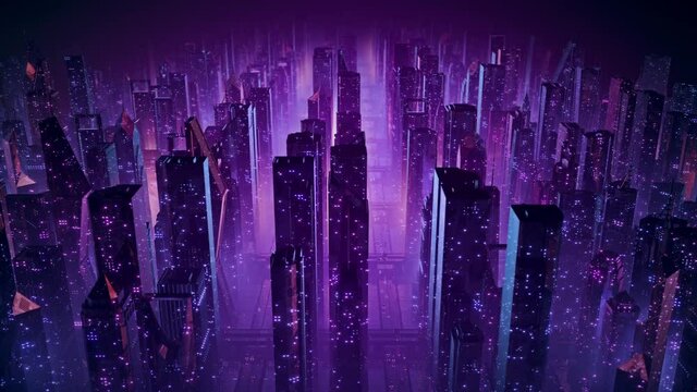 Wall Mural - Futuristic night city flythrough seamless loop. 80s retrowave 3D animation of a retro cityscape with low poly skyscrapers and glowing neon lights. Mesmerizing cyberpunk and sci-fi vj loop. 4k 60 fps