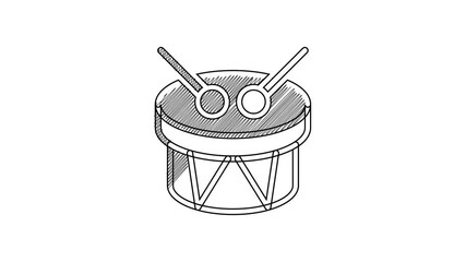 Sticker - Black line Musical instrument drum and drum sticks icon isolated on white background. 4K Video motion graphic animation