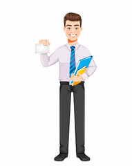 Wall Mural - Handsome business man holding blank card