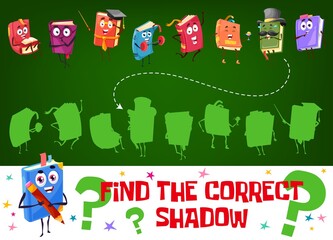 Wall Mural - Find a correct shadow of cartoon book character. Kids game worksheet, logical puzzle or riddles book page with funny school books silhouettes matching task, correct shadows searching play activity