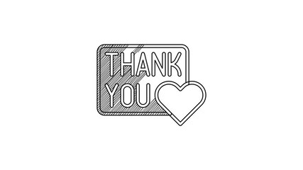 Poster - Black line Thank you with heart icon isolated on white background. Handwritten lettering. 4K Video motion graphic animation