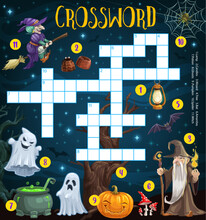Happy Halloween Crossword Grid Puzzle With Cartoon Sorcerer, Witch And Pumpkin. Word Puzzle Game, Kids Riddle Or Educational Playing Activity Worksheet With Magic Potion Cauldron, Cobweb And Ghost