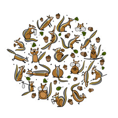Poster - Funny Chimpank family with nuts. Ground Squirrel. Background for your design