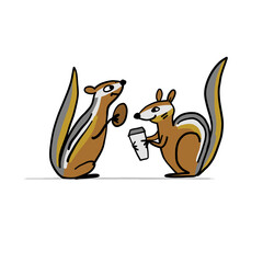Poster - Funny Chimpank family with nuts. Ground Squirrel. Sketch for your design