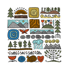 Poster - Abstract Nature Frame for your design. Forest and Mountain icons. Ethnic style