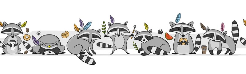 Poster - Racoons Family. Funny Characters. Seamless pattern for your design
