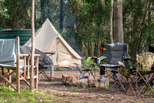 Family Tent Setup At The Campsite Surrounding By Nature In Holiday Park