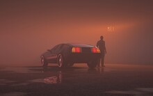 A Man Thinking About The Importance Of Himself Sunk In The Mist Beside A DeLorean 