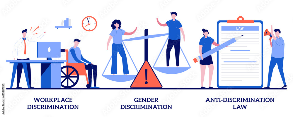 Workplace and gender discrimination, anti-discrimination law concept with tiny people. Equal rights abstract vector illustration set. Roles, stereotypes, sexual harassment, social equality metaphor