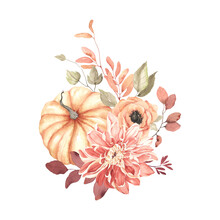 Autumn Card With Pumpkin, Flower Chrysanthemum And Leaves, Watercolor Isolated Decor For Invitation Or Greeting Cards, Delicate Holiday Illustration In Vintage Style.