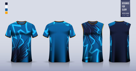 Blue T-shirt sport, Soccer jersey, football kit, basketball uniform, tank top, and running singlet mockup. Fabric pattern design. Vector.