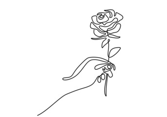 Wall Mural - Continuous line drawing hand holding rose flower minimalist