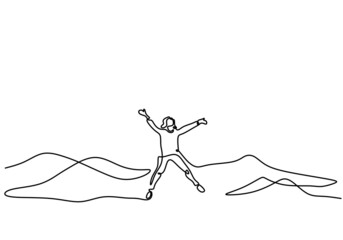 Wall Mural - Continuous line drawing people jump in mountain