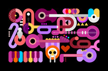 Geometric Style Vector Illustration Of Different Musical Instruments Isolated On A Black Background. Graphic Design With Guitars, Trumpets, Sax, Piano And Drum. 
