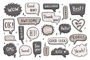 Poster - Comic speech bubble set with dialog word hi, ok, bye, welcome. Hand drawn sketch doodle style. Vector illustration speech bubble chat, message element.