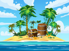 Treasure Tropical Island, Ancient Pirate Treasure Chest, Barrel, Scull, Exotic Plants, Palms, Sea, Ocean, Clouds. Sea Landscape Coast, Beach, Sand, Adventure, Game. Vector Illustration