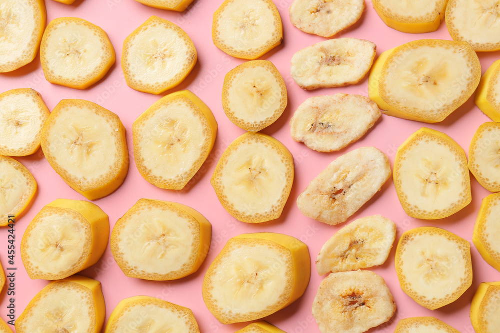 Banana pieces on color background. Concept of uniqueness