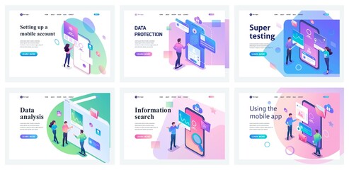 Wall Mural - collection of landing pages. men and women use apps for mobile phones and tablets. data storage and 