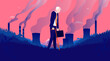 Old man in polluted landscape - Retired businessman walking with pollution, smoke and factories in background feeling sad. Future generation and climate change concept. Vector illustration