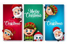 Christmas Character Vector Poster Set. Merry Christmas Text With Santa Claus, Reindeer, Elf And Snow Man Characters For Xmas Card Holiday Design. Vector Illustration.
