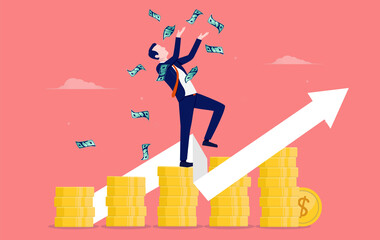 Aufkleber - Business money growth - Person standing on stack of coins throwing cash in air with arrow pointing up. Economic success concept, vector illustration.