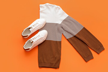 Stylish male sweater and shoes on color background