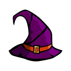 Halloween Design Vector - Purple old witch hat isolated on white background. Symbol of witchcraft. Halloween decorative element in cartoon style. Vector eps 10.