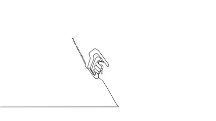 Wall Mural - Animated self drawing of single continuous line draw man holding manual hand saw. Handyman tools concept. Full length one line animation illustration.