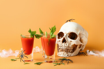 Fototapeta shots of tasty bloody mary cocktail decorated for halloween on color background