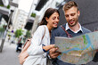 Happy young modern stylish couple urban city travel outdoors