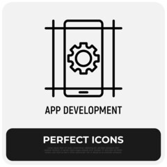 Wall Mural - mobile app development thin line icon. cogwheel on smartphone screen. vector illustration.