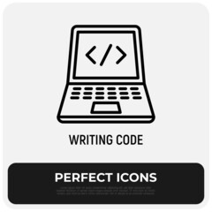 Wall Mural - writing code thin line icon, open laptop with code. web development, programming. modern vector illu