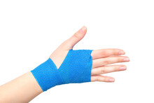 Blue Elastic Bandage On The Wrist Joint Of The Hand On A White Background, Isolate. Concept Of Wrist Fixation In Case Of Dislocation And Contusion, Compression