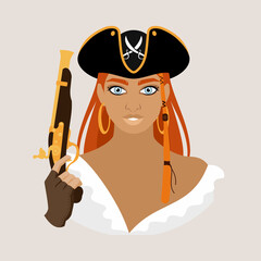 Avatar of a red-haired woman in a white shirt pulled down from her shoulder, a black pirate hat with a musket in her hand. Woman pirate. Flat vector illustration.