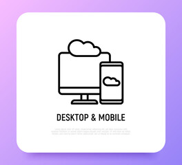 Wall Mural - cloud computing thin line icon, smartphone sync with desktop. modern vector illustration.