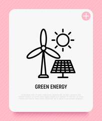 Wall Mural - Green energy, solar panels and wind turbine thin line icon. Renewable energy. Modern vector illustration.