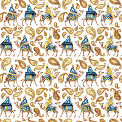 Three biblical Kings (Caspar, Melchior and Balthazar) follow the star. Three wise men on camels. Seamless background pattern. Waterccolor illustration